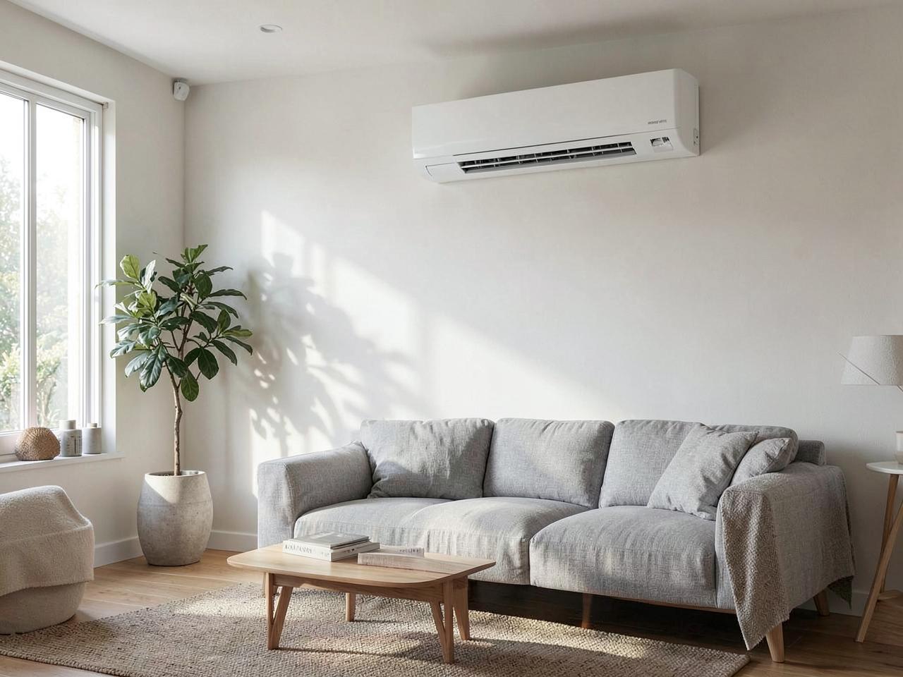 Wandmodel airco in een lichte woonkamer